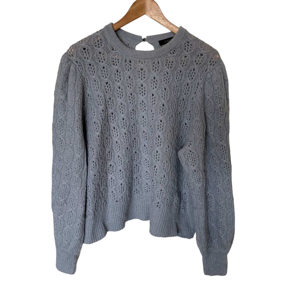 J.Crew Pointelle Puff Sleeve Sweater Womens XXL Blue Euc Alpaca Wool Blend‎